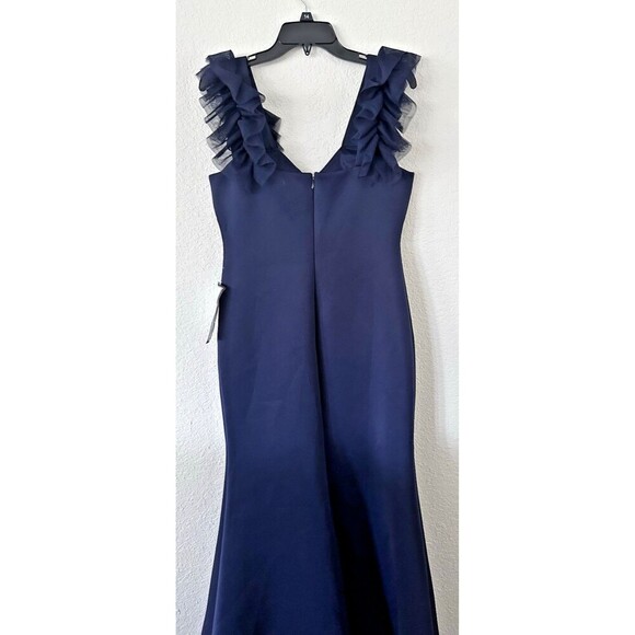 Eliza J Women's Ruffle-Shoulder Mixed-Media V-neck Gown Maxi Dress Navy 12 - Picture 8 of 9